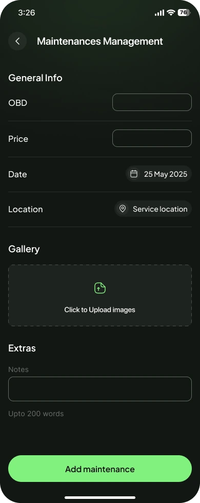 Add maintenance form with OBD, price, date, location, gallery and notes