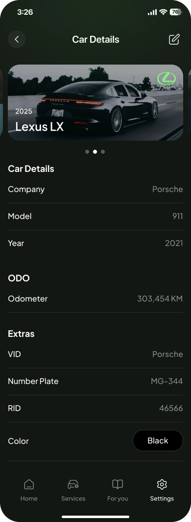 Car Details: company, model, year, odometer, plate and colour