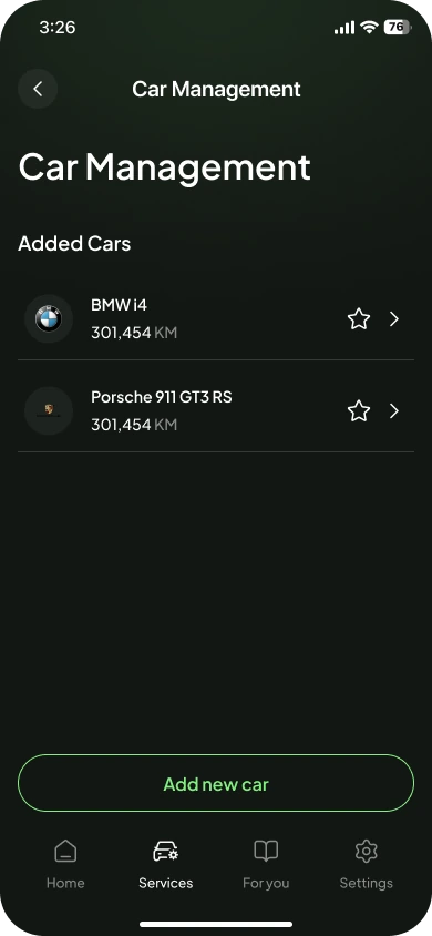 Car Management listing a BMW i4 and a Porsche 911 GT3 RS