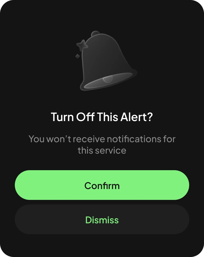 Turn Off This Alert? dialog with Confirm and Dismiss