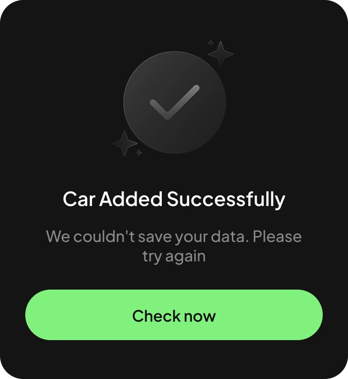 Car Added Successfully dialog with Check now