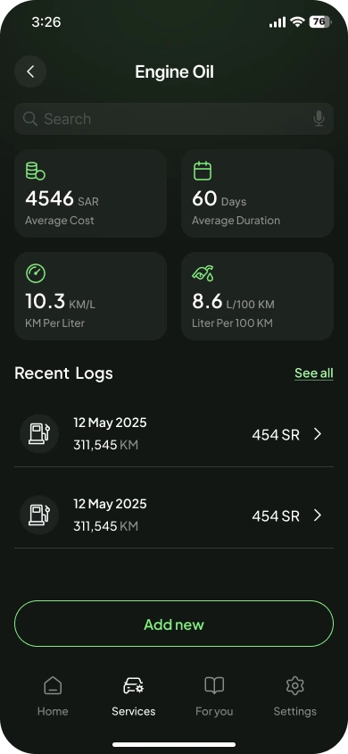 Engine Oil insights: average cost, duration, km per litre, litres per 100 km and recent logs