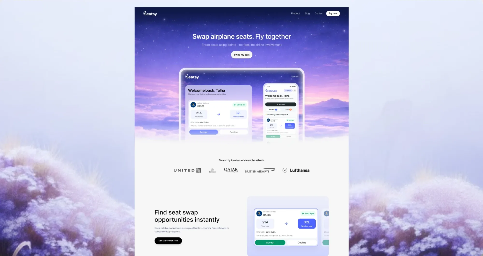 Seatsy marketing site: swap airplane seats and fly together, with the dashboard on desktop and mobile