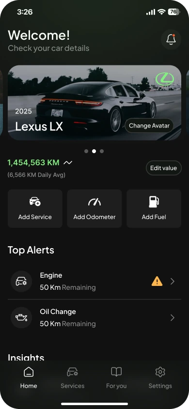 Zaity home: car card, mileage, quick actions and top alerts