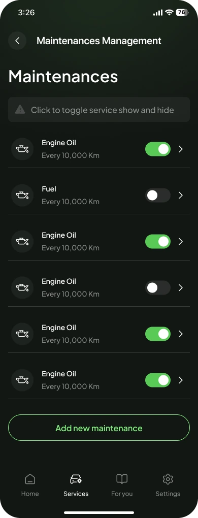 Maintenances list with toggles for each service and its interval