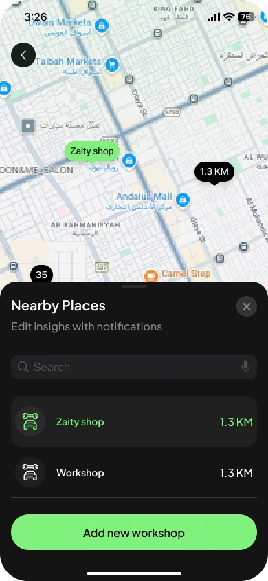 Nearby Places sheet listing Zaity shop and a workshop by distance