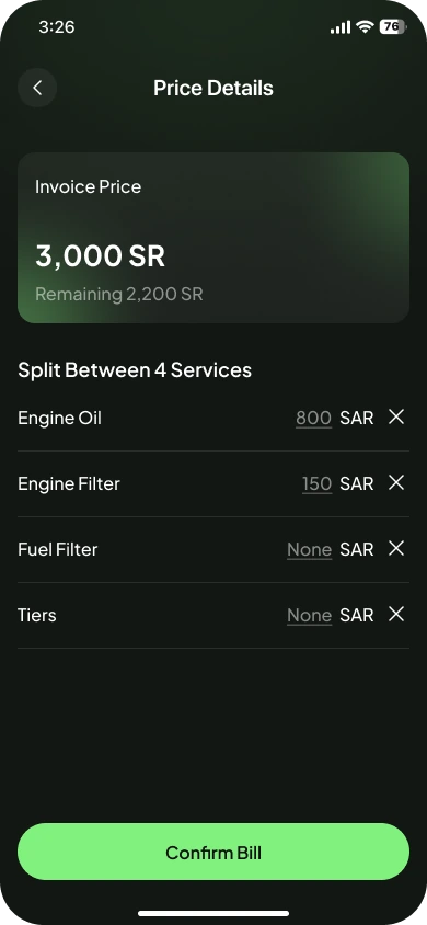 Price Details: a 3,000 SR invoice split between four services