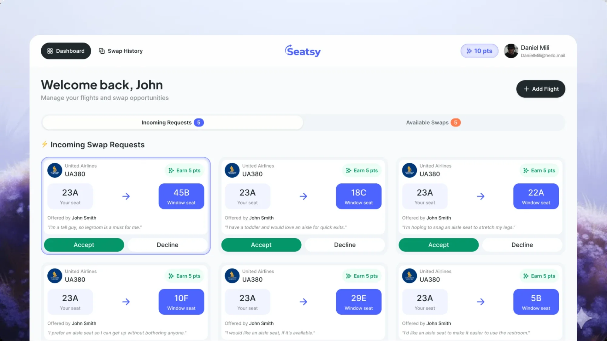 Seatsy dashboard with incoming seat swap requests, points and Accept or Decline actions