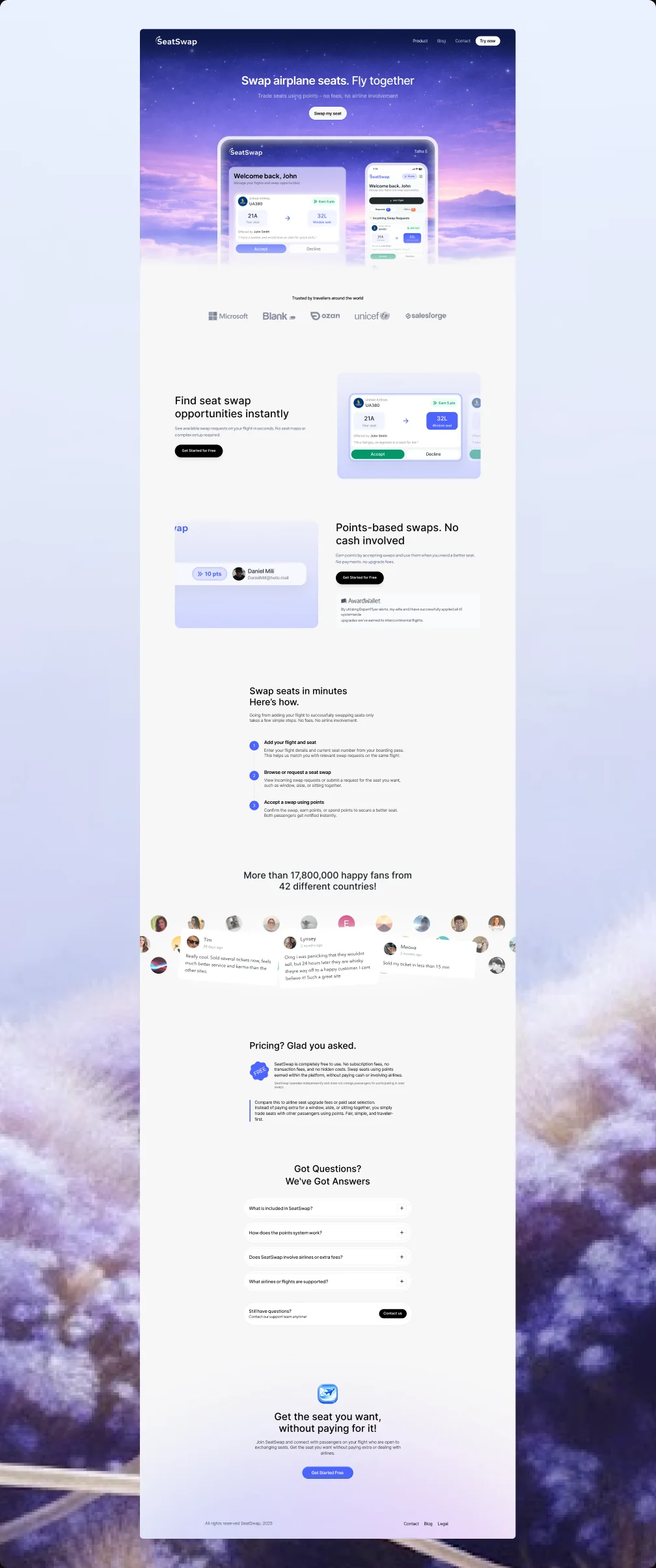 The full Seatsy marketing site, from hero to sign-up