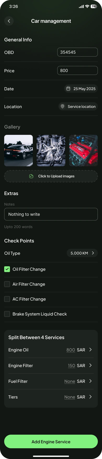 Service form with OBD, price, date, location, photos, notes, check points and cost split