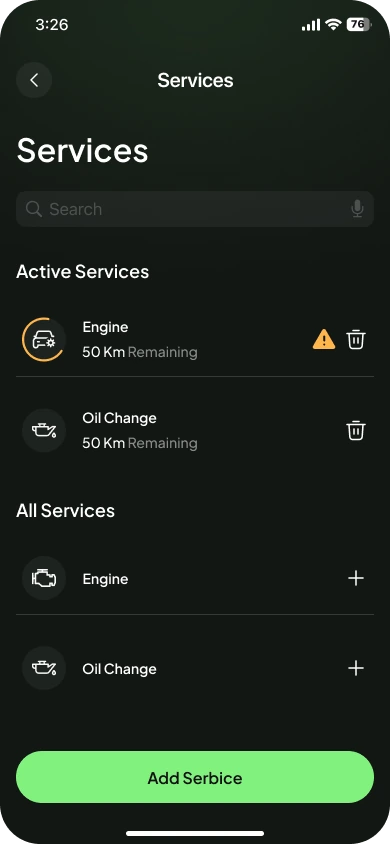 Services list with active services and all services to add
