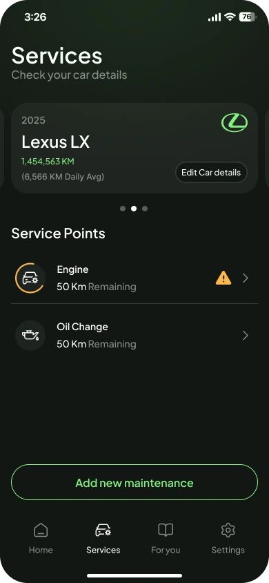 Services tab with the car card and service points counting down