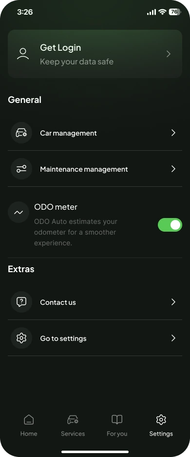 Settings: Get Login, car management, maintenance management, ODO meter toggle, contact and settings