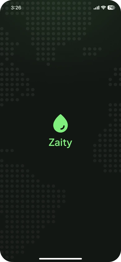 Zaity splash screen with the oil-drop logo