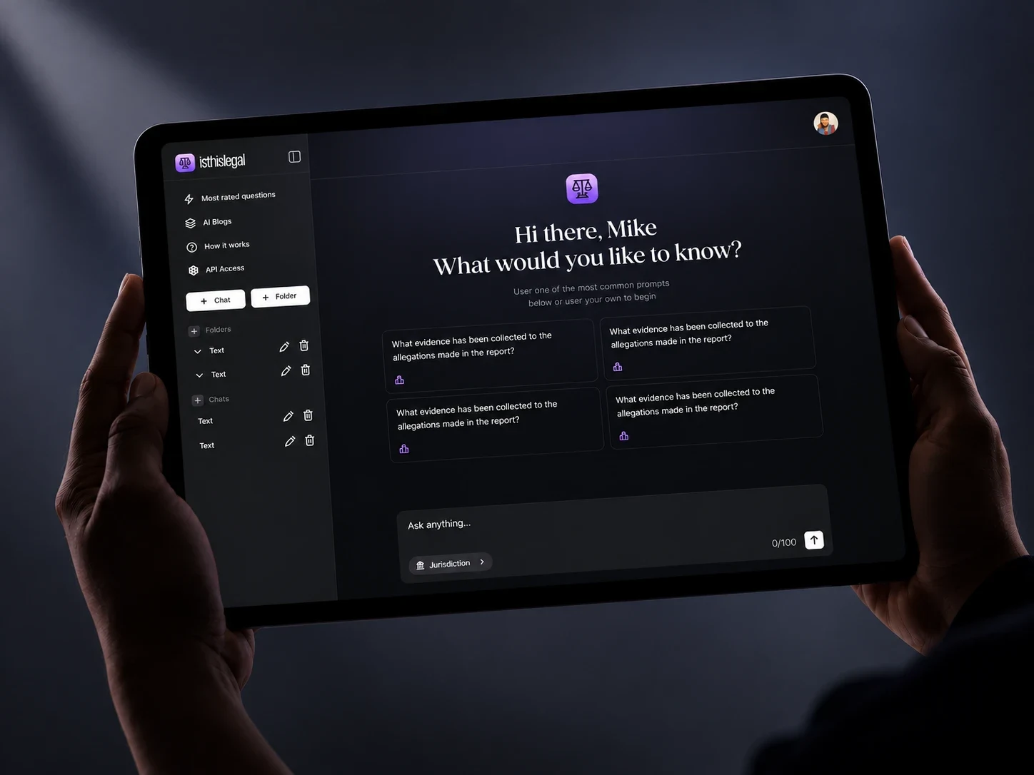 isthislegal on a tablet: Hi there, Mike. What would you like to know? with common questions and the jurisdiction picker