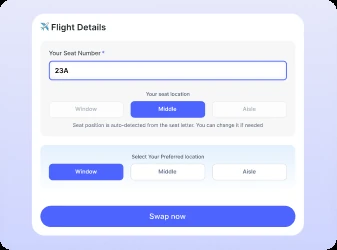 Flight details form with seat number and preferred seat location