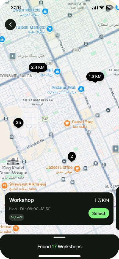 Map of Riyadh with workshop pins, distances and a workshop card with opening hours